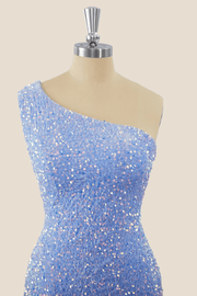 One Shoulder Light Blue Sequin Tight Mini Dress