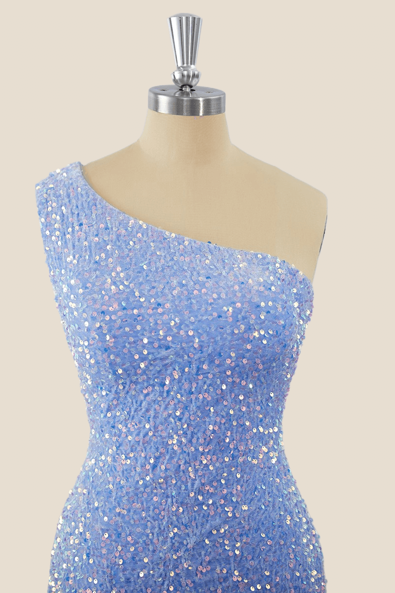 One Shoulder Light Blue Sequin Tight Mini Dress