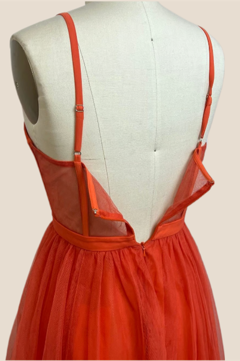 Spaghetti Straps Orange Sheer Corset Tiered Party Dress