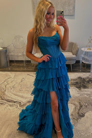 Beaded Yellow Chiffon A-line Tiered Ruffle Gown