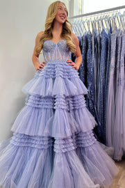 Sweetheart Black Lace Appliques Tiered Long Formal Dress