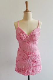 Spaghetti Straps Beaded Pink Mini Dress
