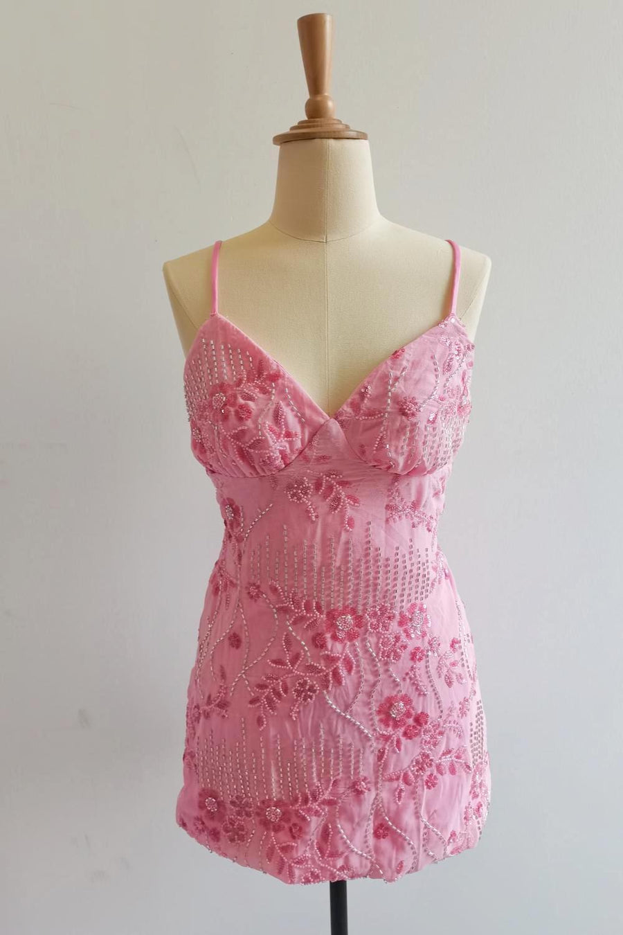Spaghetti Straps Beaded Pink Mini Dress