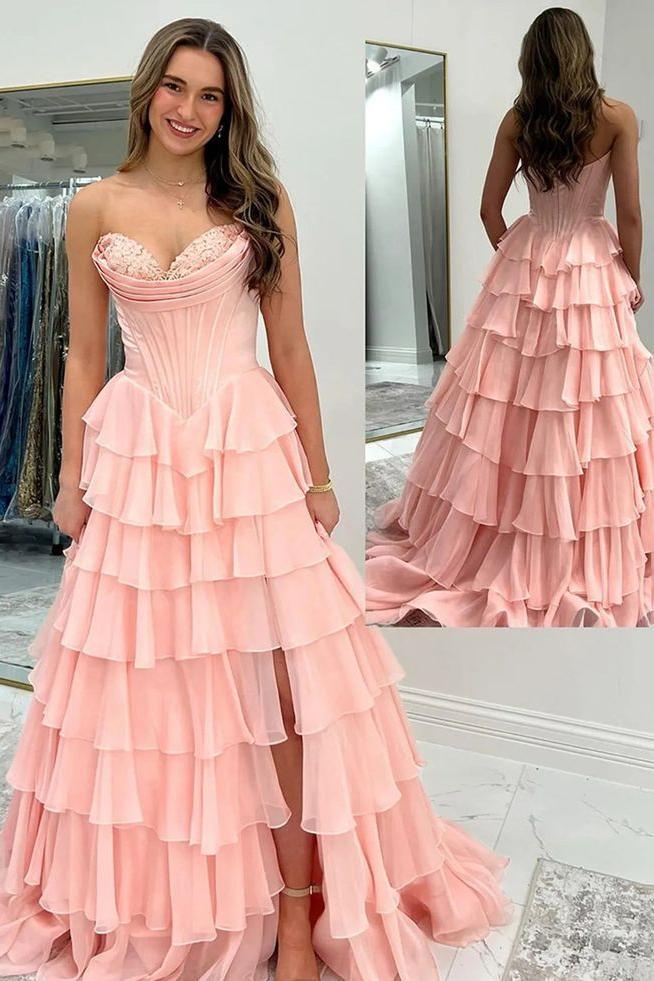 Strapless Yellow Tiered Chiffon Long Dress with Slit – Ohmollydress