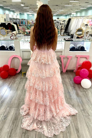 Strapless Red Sequin Tiered Long Dress with Slit