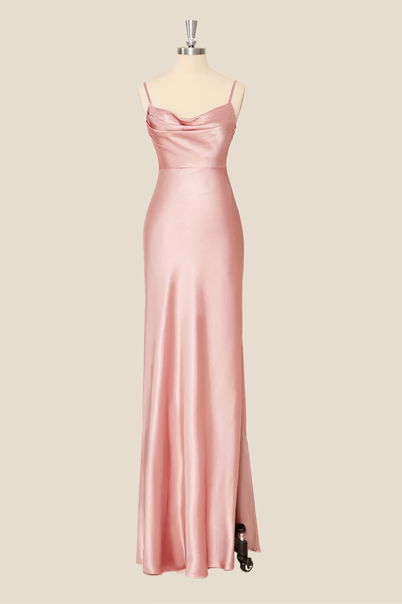 pink cowl neck satin dress Women's Blush Mist Sheath Cowl Neck Satin Maxi Dress Customize Pastel Pink MEAN BLVD