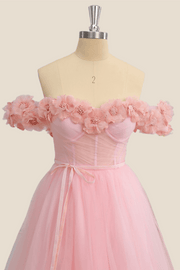 Flowers Off the Shoulder Pink Tulle A-line Formal Dress