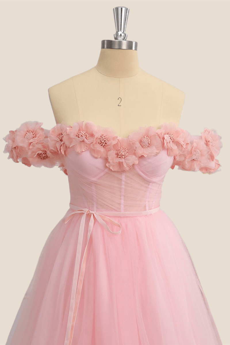 Flowers Off the Shoulder Pink Tulle A-line Formal Dress