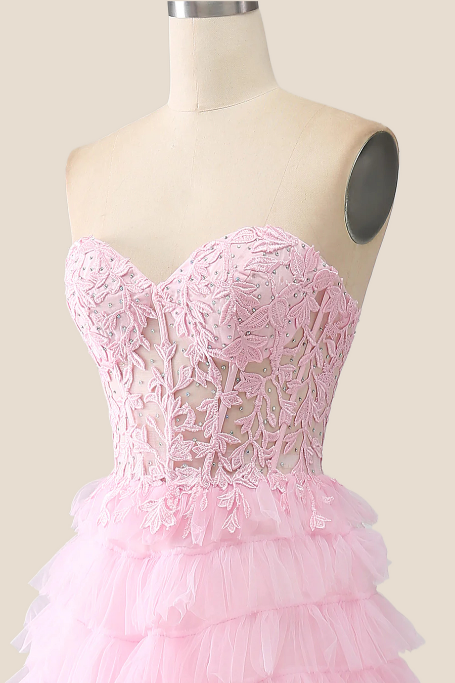 Pink Sweetheart Lace and Tulle Tiered Gown