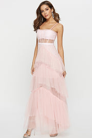 Straps Pink Tulle Ruffled Long Maxi Dress
