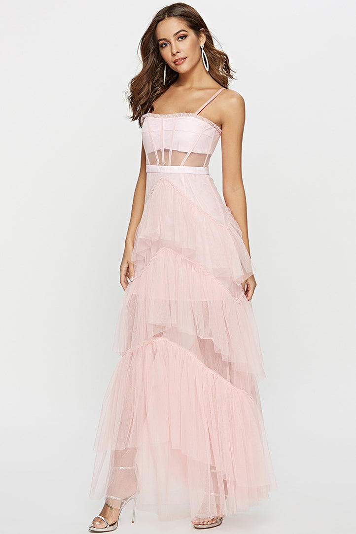 Straps Pink Tulle Ruffled Long Maxi Dress