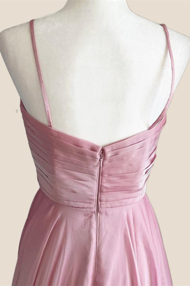 Pleated Pink V Neck Satin Long Party Dress