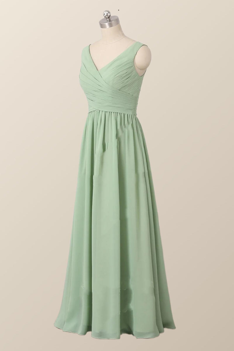 green bridesmaid dress canada Pleated V Neck Mint Chiffon – Ohmollydress eucalyptus green bridesmaid dresses