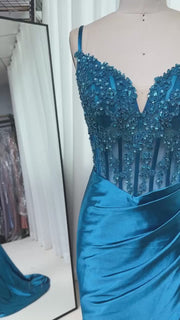 Straps Red Appliques Mermaid Ruched Long Party Dress