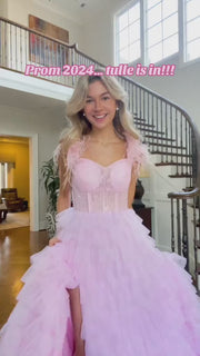 Off the Shoulder Pink Corset Tiered Ruffle Formal Gown