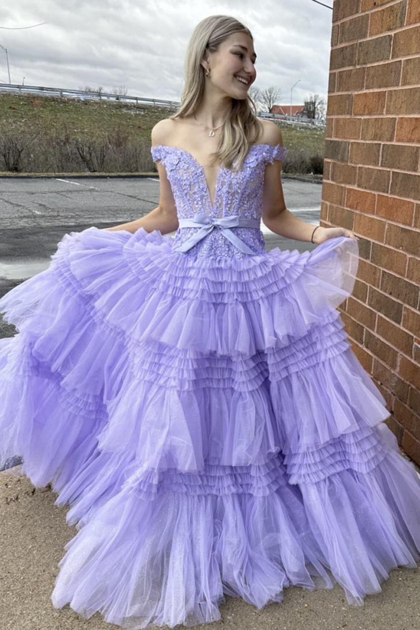 Off the Shoulder Red Appliques Tiered Long Formal Dress
