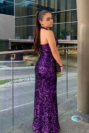 Halter Purple Sequin Sheath Long Party Dress