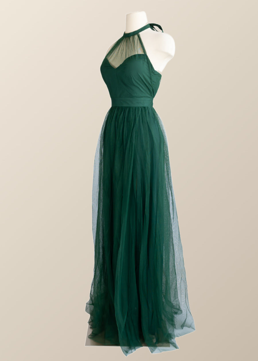 Halter Hunter Green Tulle Long Formal Dress