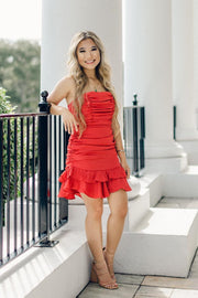 Pink Strapless Ruched Frill Satin Mini Dress