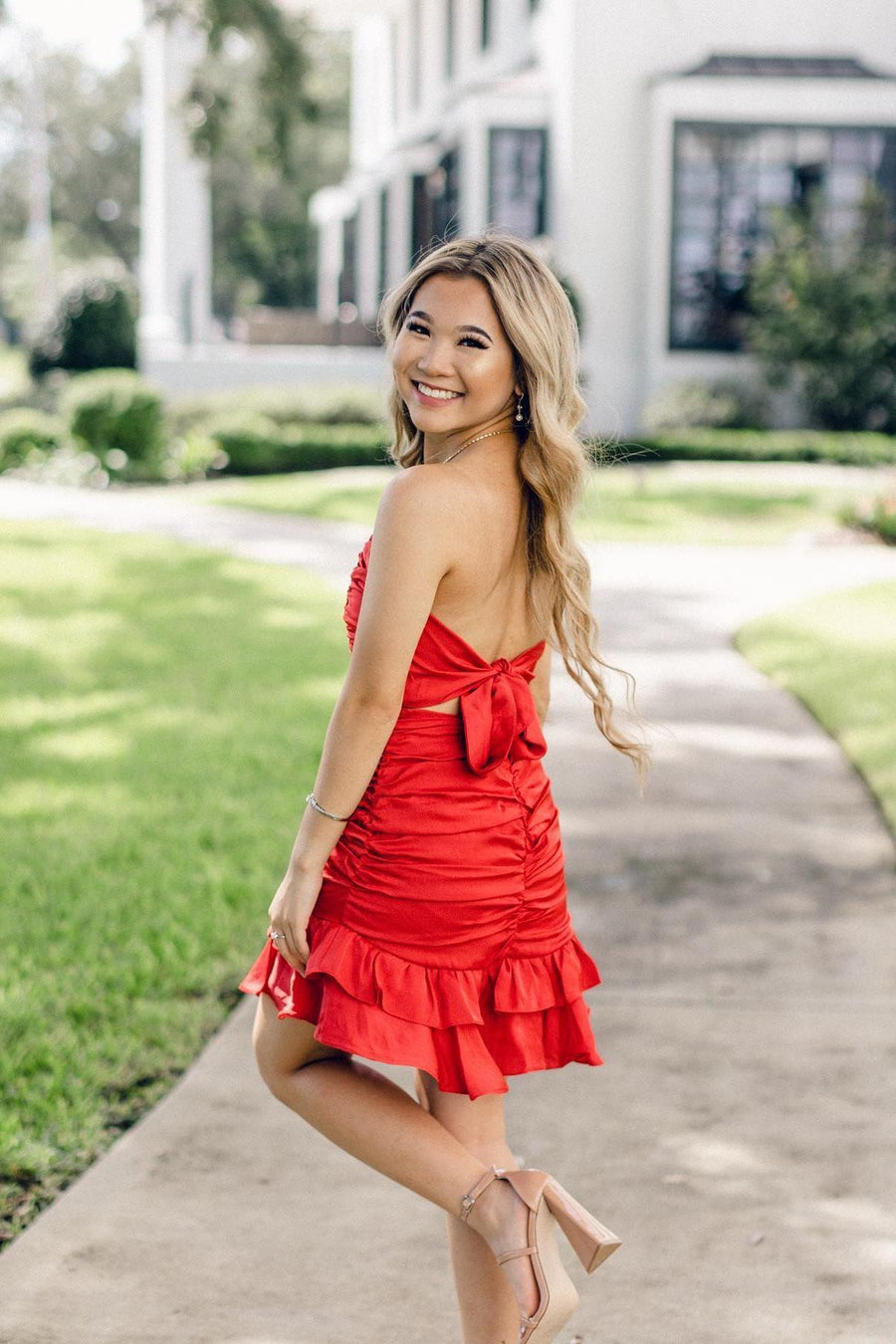 Pink Strapless Ruched Frill Satin Mini Dress