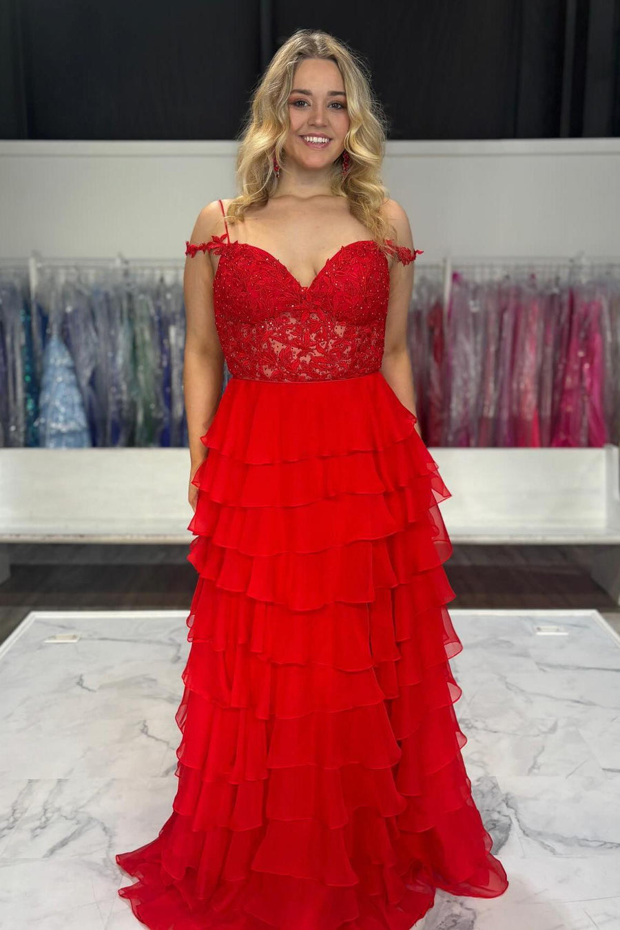 Straps Orange Appliques and Chiffon Ruffle Formal Dress