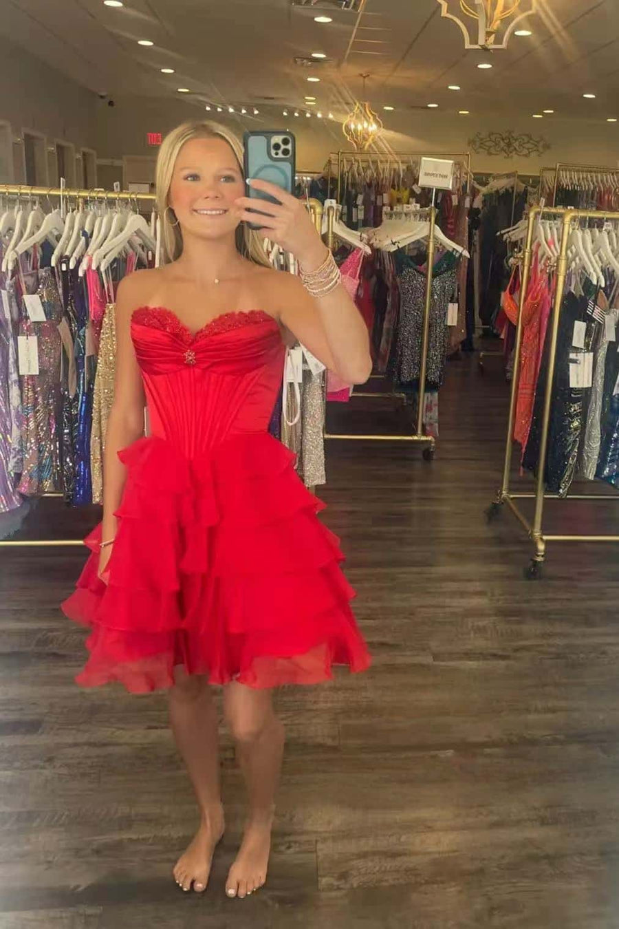 Appliques Neck Light Blue Corset Tiered Short Dress