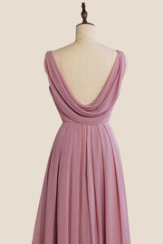 V Neck Rose Pink Chiffon Cowl Back Long Bridesmaid Dress