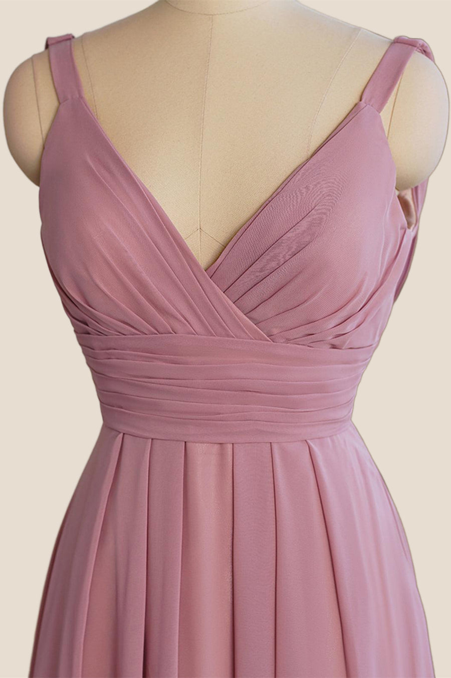 V Neck Rose Pink Chiffon Cowl Back Long Bridesmaid Dress
