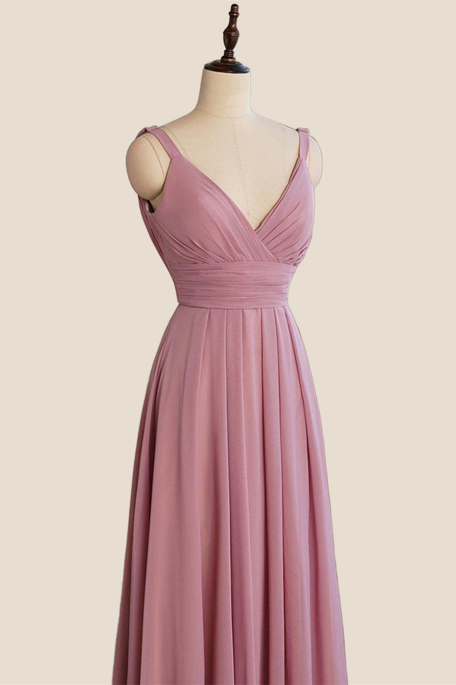 V Neck Rose Pink Chiffon Cowl Back Long Bridesmaid Dress