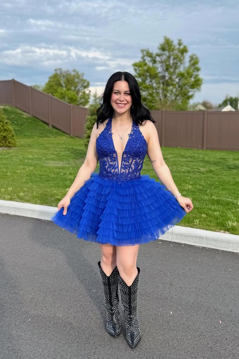 Halter Green Ruffle Short Dress with Appliques