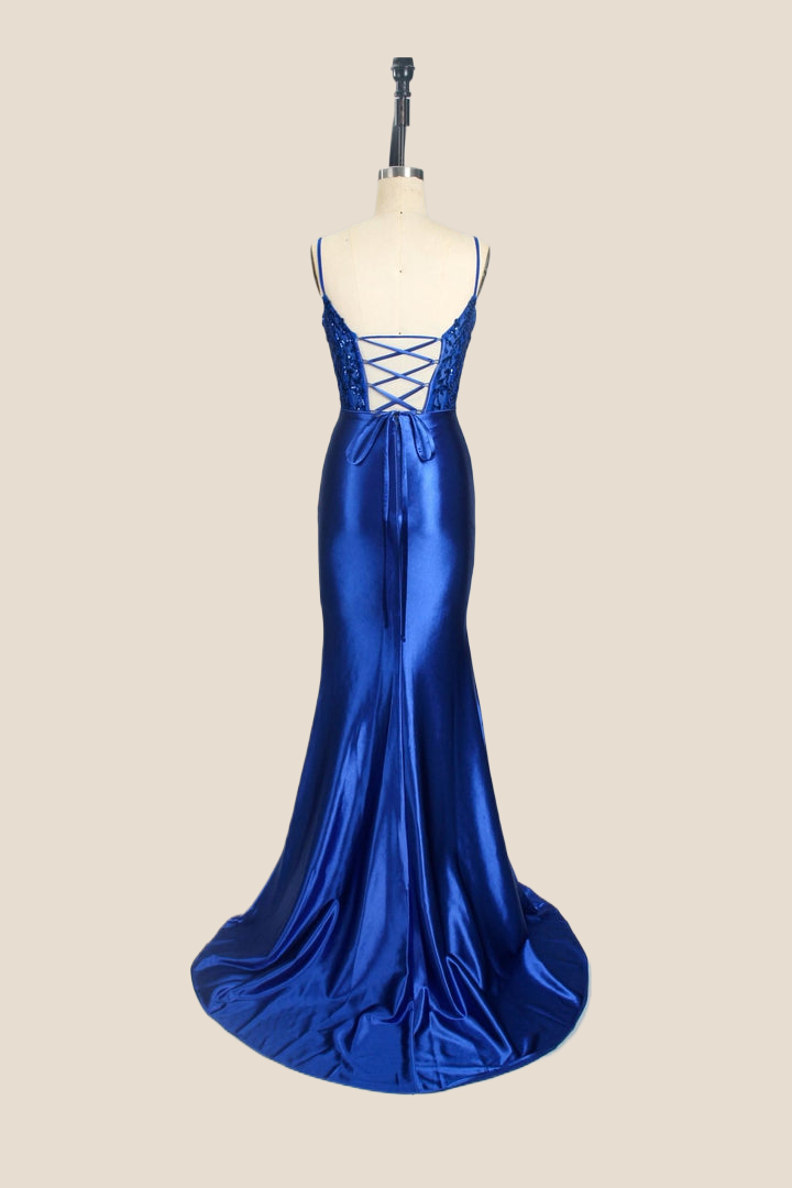 Royal Blue Appliques Ruched Mermaid Long Formal Dress