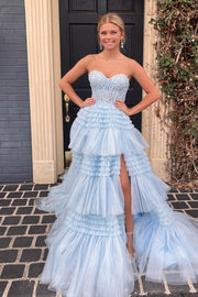 Sweetheart Black Lace Appliques Tiered Long Formal Dress