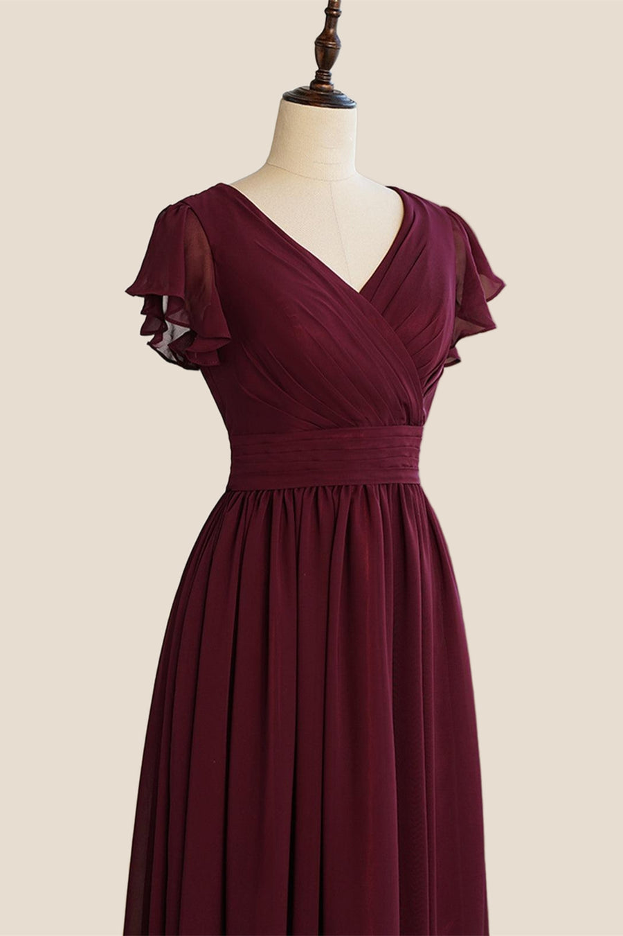 Ruffle Sleeves Burgundy Chiffon Long Bridesmaid Dress