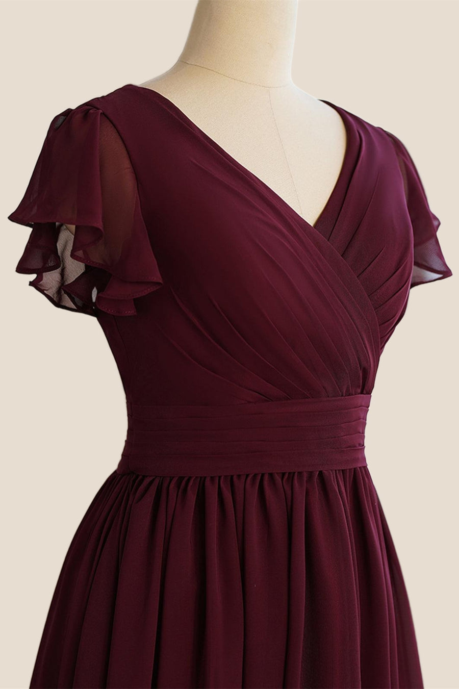 Ruffle Sleeves Burgundy Chiffon Long Bridesmaid Dress