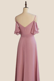 Spaghetti Straps Rose Pink Pleated Chiffon Bridesmaid Dress with Slit