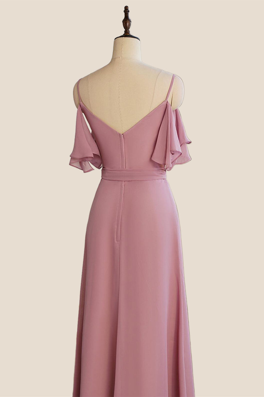 Spaghetti Straps Rose Pink Pleated Chiffon Bridesmaid Dress with Slit