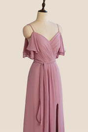 Spaghetti Straps Rose Pink Pleated Chiffon Bridesmaid Dress with Slit