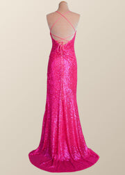 Straps Champagne Sequin Mermaid Long Dress with Slit