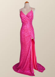 Straps Champagne Sequin Mermaid Long Dress with Slit