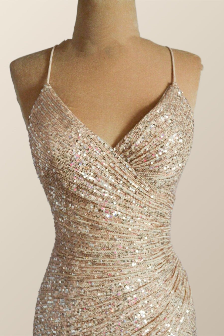 Straps Champagne Sequin Mermaid Long Dress with Slit