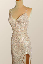 Straps Champagne Sequin Mermaid Long Dress with Slit
