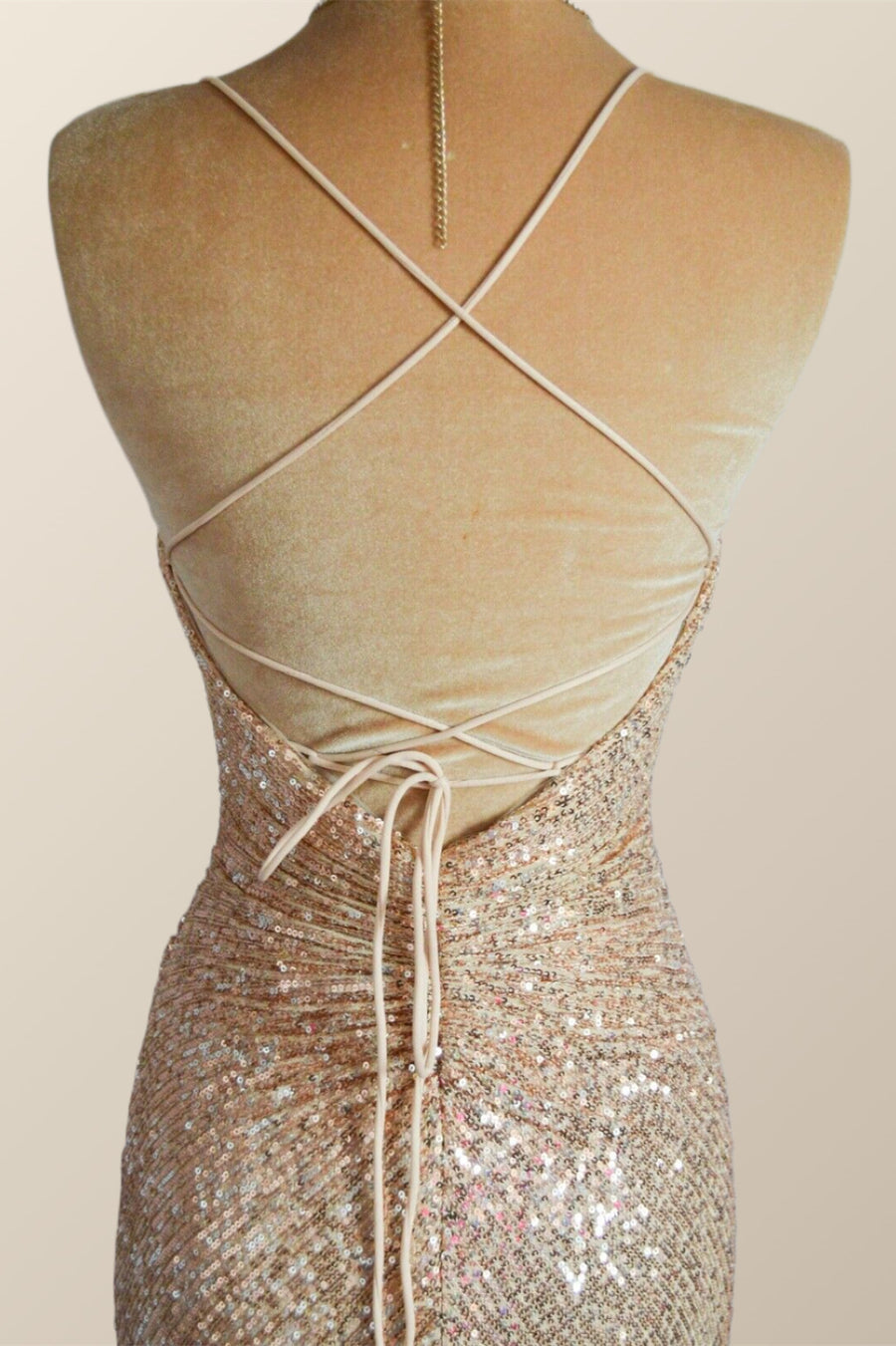 Straps Champagne Sequin Mermaid Long Dress with Slit