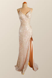 Straps Champagne Sequin Mermaid Long Dress with Slit