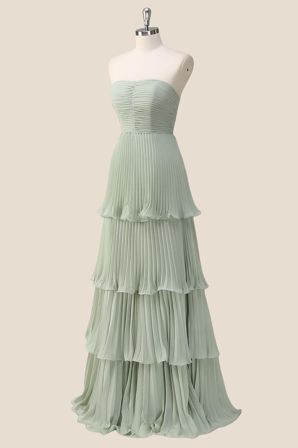 Strapless Burgundy Pleated Tiered Long Party Dress