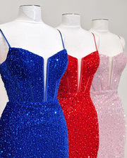 Straps Royal Blue Sequin Tight Mini Dress
