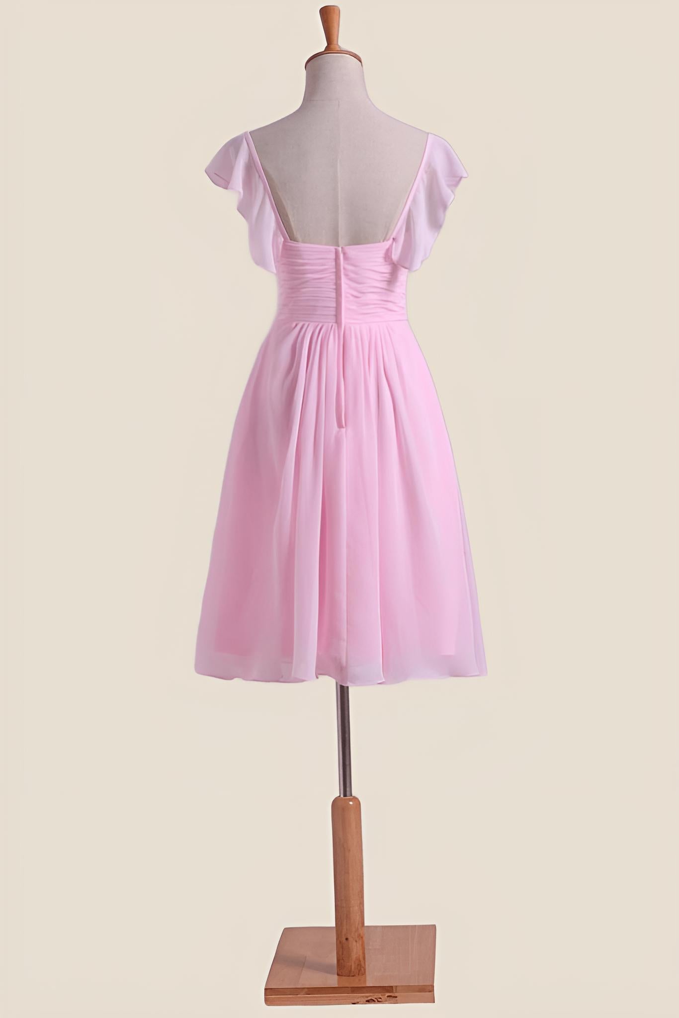 Pink Pleated Cap Sleeves Short Bridesmaid Dress