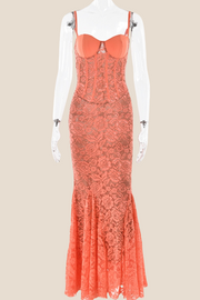 Spaghetti Straps Orange Lace Mermaid Long Dress