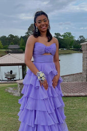 Strapless Hot Pink Rosette Tiered Long Dress