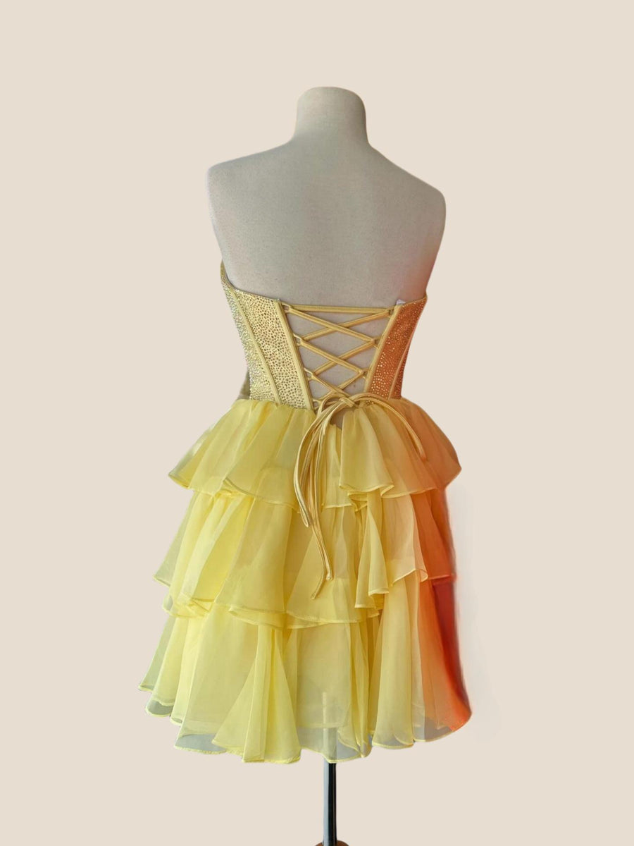 Yellow Beaded Ruffle A-line Short Dress