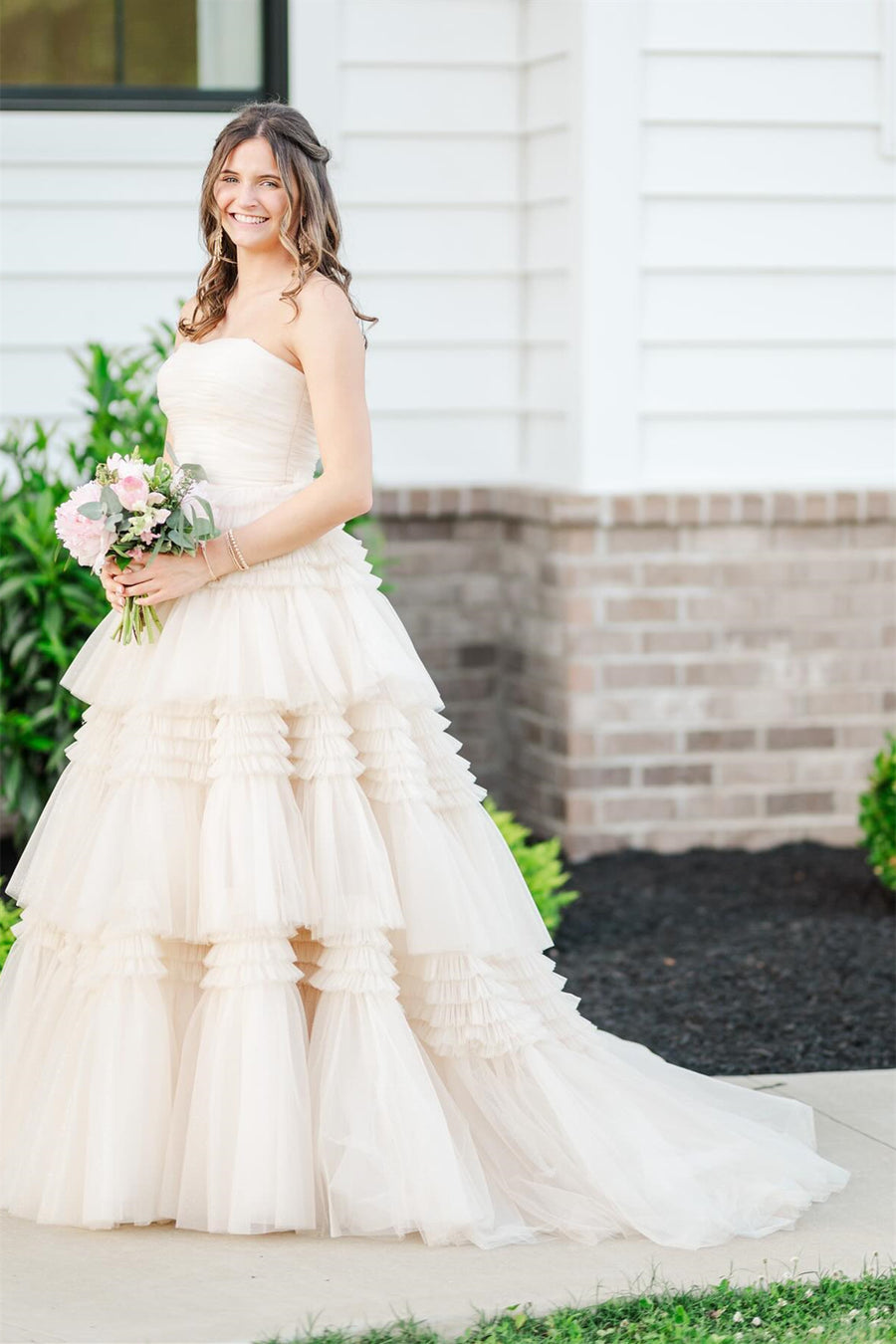 Strapless Periwinkle Tulle Tiered Formal Dress